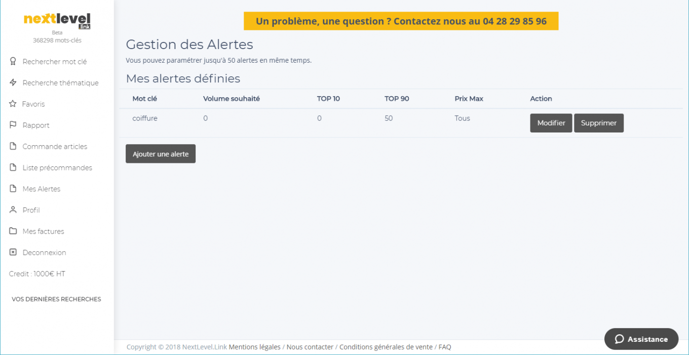 Fonctionnalité : Liste des des alertes des articles disponibles pour faire un backlink