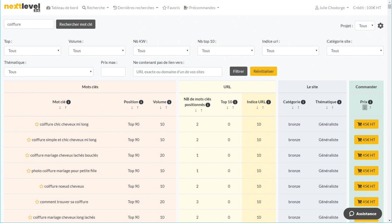 Recherche par mot-clé sur NextLevel