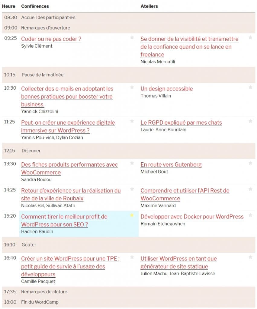 Programme Wordcamp Lille 2018