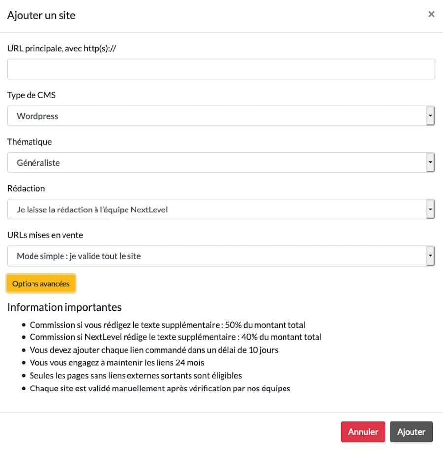 Ajout d'un site partenaire sur NextLevel