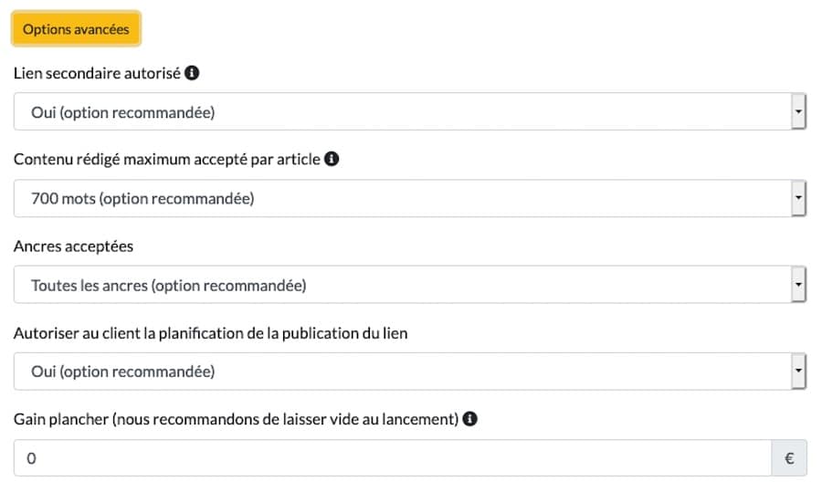 Options avancées pour les partenaires de la plateforme  désirant affiné leurs règles de netlinking.